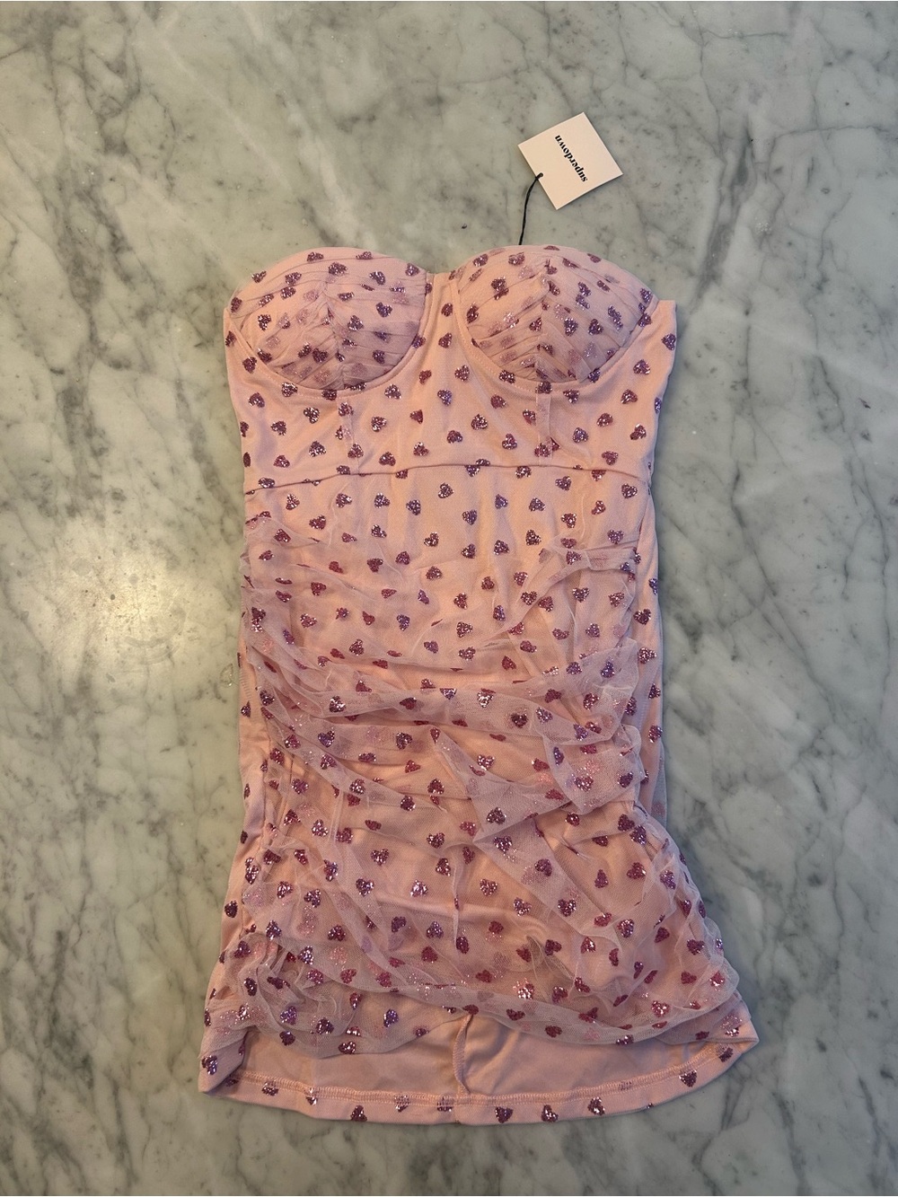 superdown Pink Strapless Heart-Print Ruched Mini Dress - Picture 3 of 9